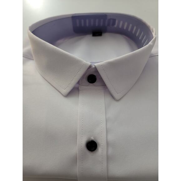 Men's White Dress Shirt Collared Black Buttons Size Medium - Picture 3 of 4